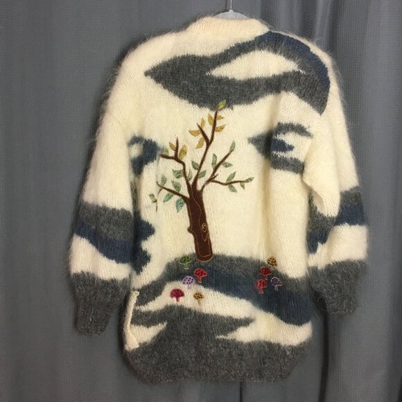 Vintage M L Mohair Wool LINED Handmade Shaggy Cardigan Sweater Mushrooms NORWAY - Picture 3 of 12